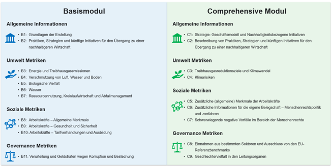 Aufbau des VSME-Standards mit Basic Module und Comprehensive Module entlang der ESG-Themenfelder